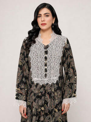 Black Botanical Cotton Mukhawara with Dantel & Pearls - Nawaem Altulle