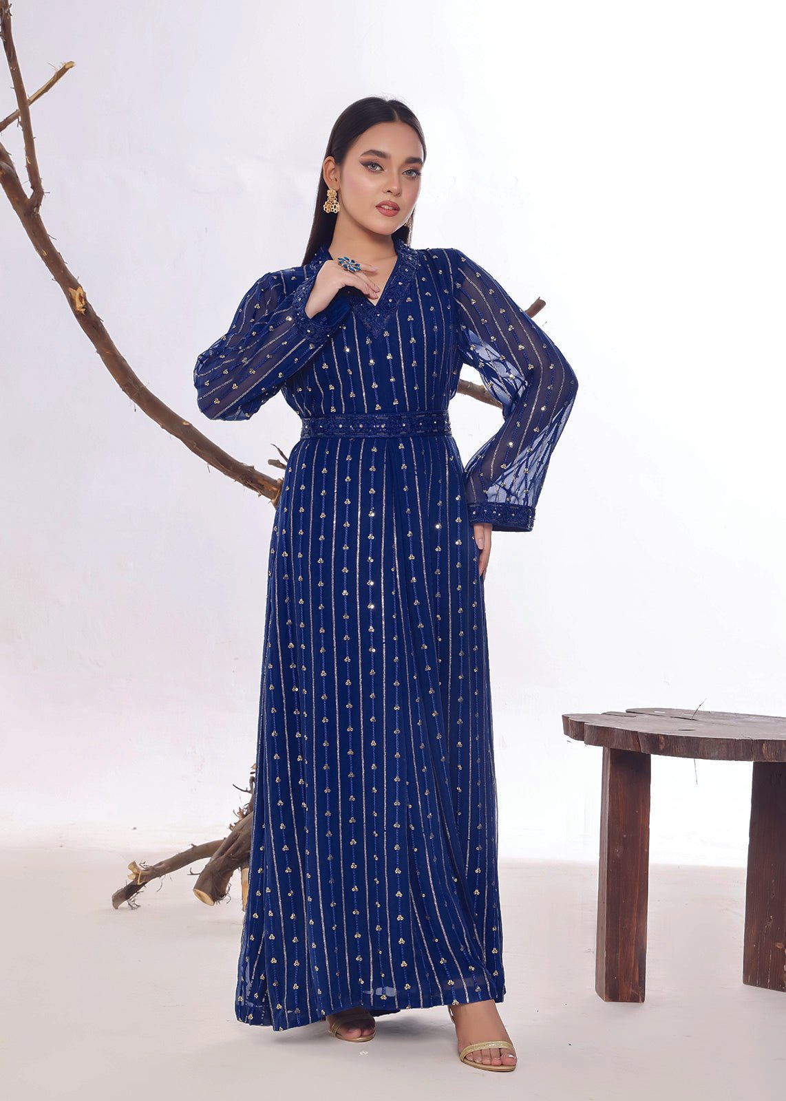 Blue Chiffon Sequins Embellished Dress with a fitted belt - Nawaem Altulle