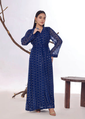 Blue Chiffon Sequins Embellished Dress with a fitted belt - Nawaem Altulle