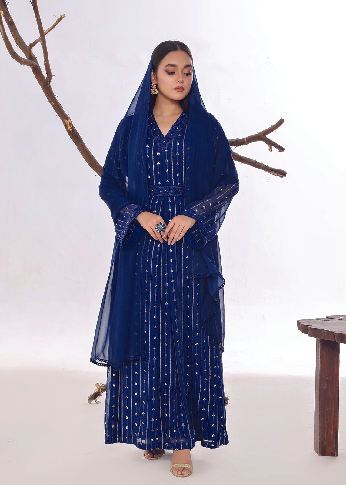 Blue Chiffon Sequins Embellished Dress with a fitted belt - Nawaem Altulle
