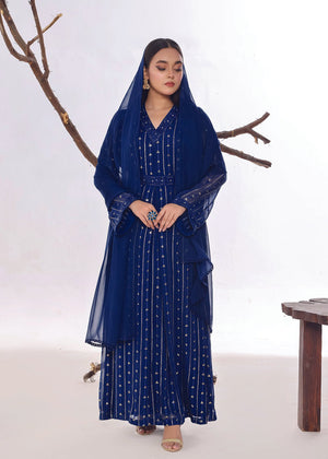 Blue Chiffon Sequins Embellished Dress with a fitted belt - Nawaem Altulle