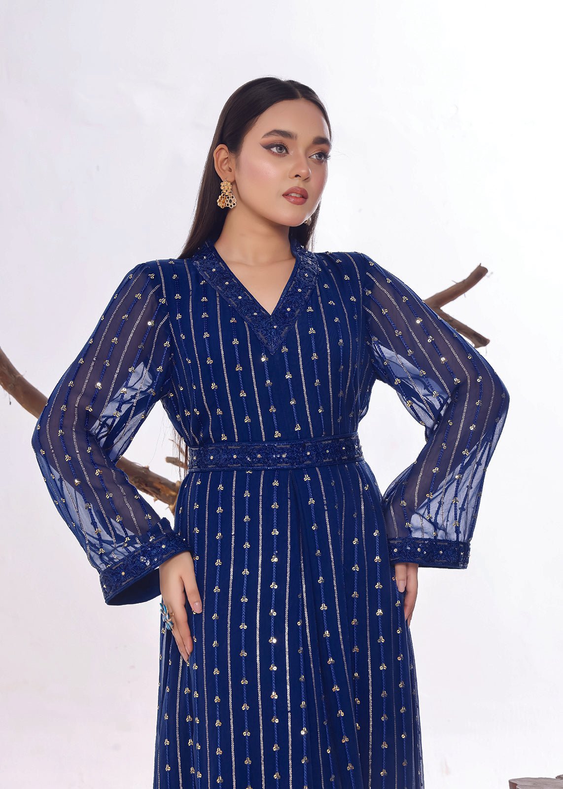 Blue Chiffon Sequins Embellished Dress with a fitted belt - Nawaem Altulle