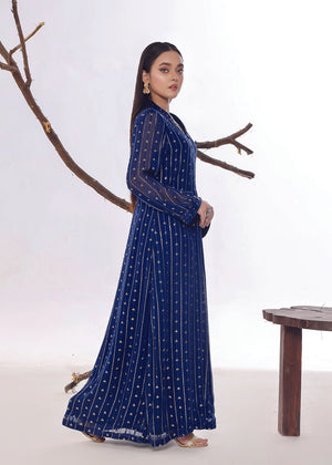 Blue Chiffon Sequins Embellished Dress with a fitted belt - Nawaem Altulle