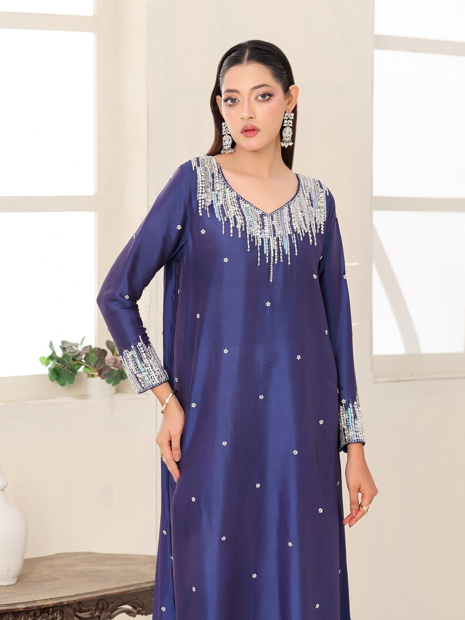 Royal Cascade blue glass-silk dress with cascading crystal embroidery