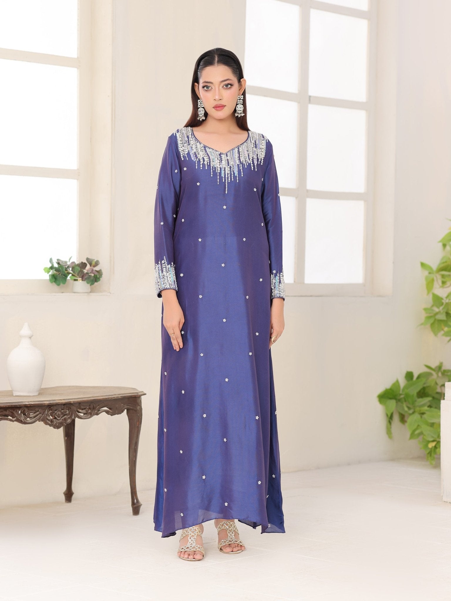 Royal Cascade blue glass-silk dress with cascading crystal embroidery
