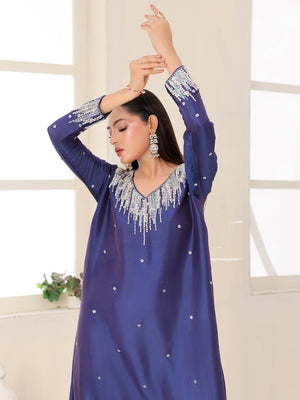 Royal Cascade blue glass-silk dress with cascading crystal embroidery