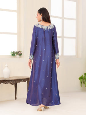 Royal Cascade blue glass-silk dress with cascading crystal embroidery