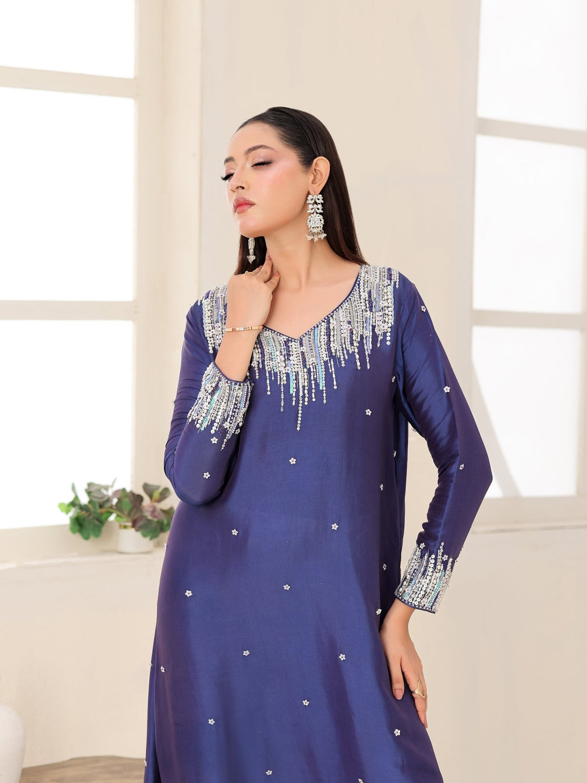 Royal Cascade blue glass-silk dress with cascading crystal embroidery