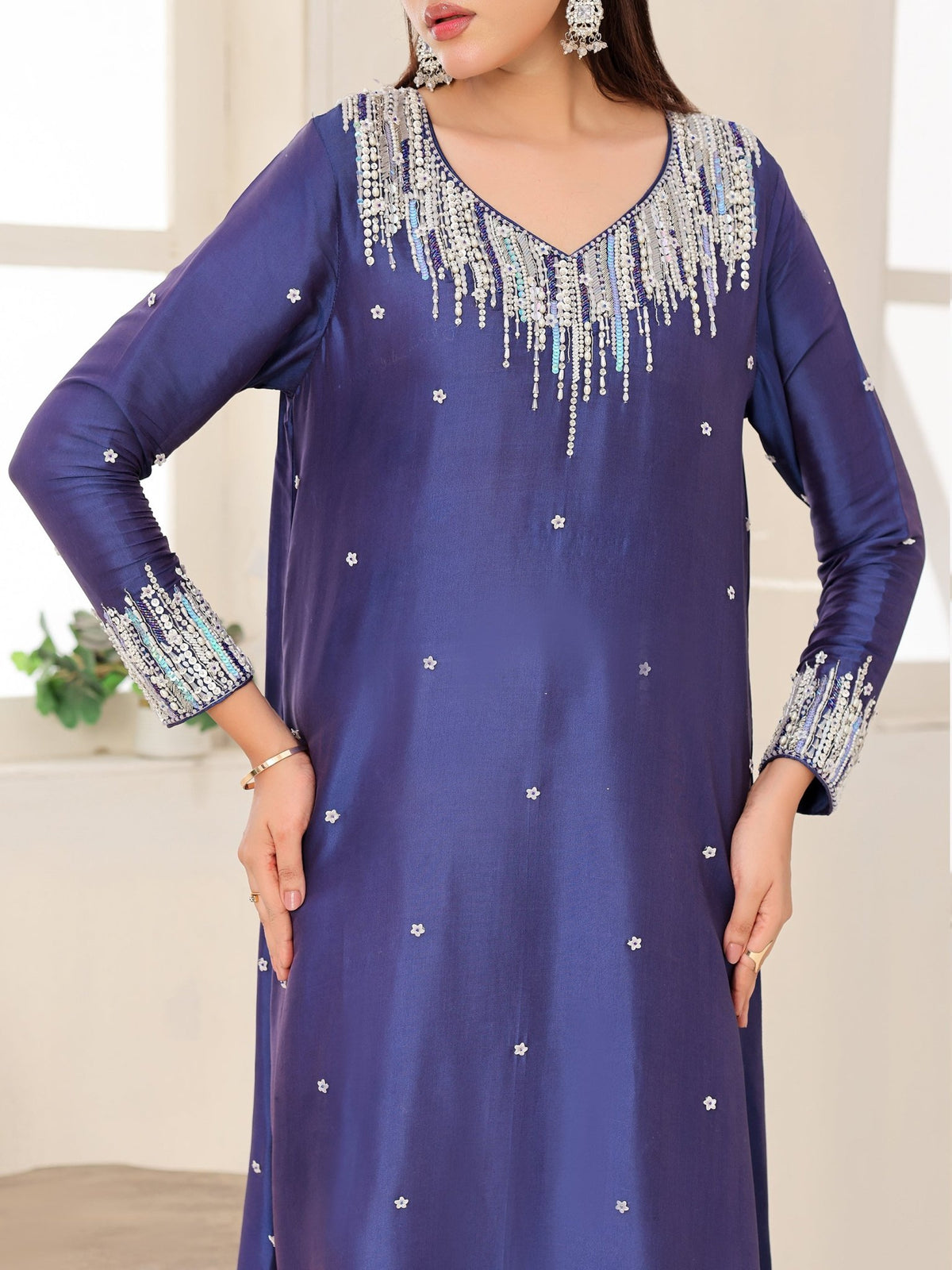 Royal Cascade blue glass-silk dress with cascading crystal embroidery