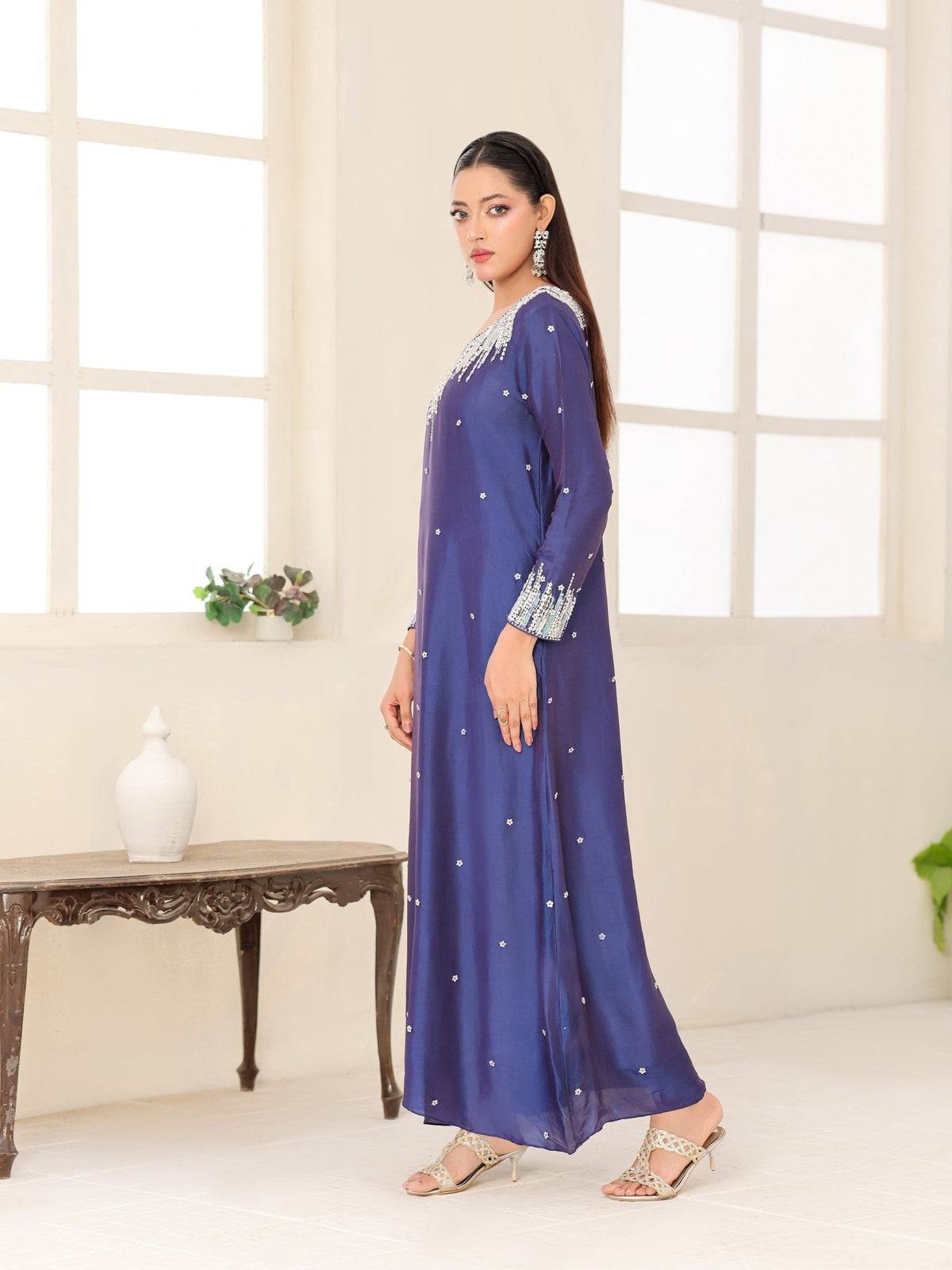 Royal Cascade blue glass-silk dress with cascading crystal embroidery