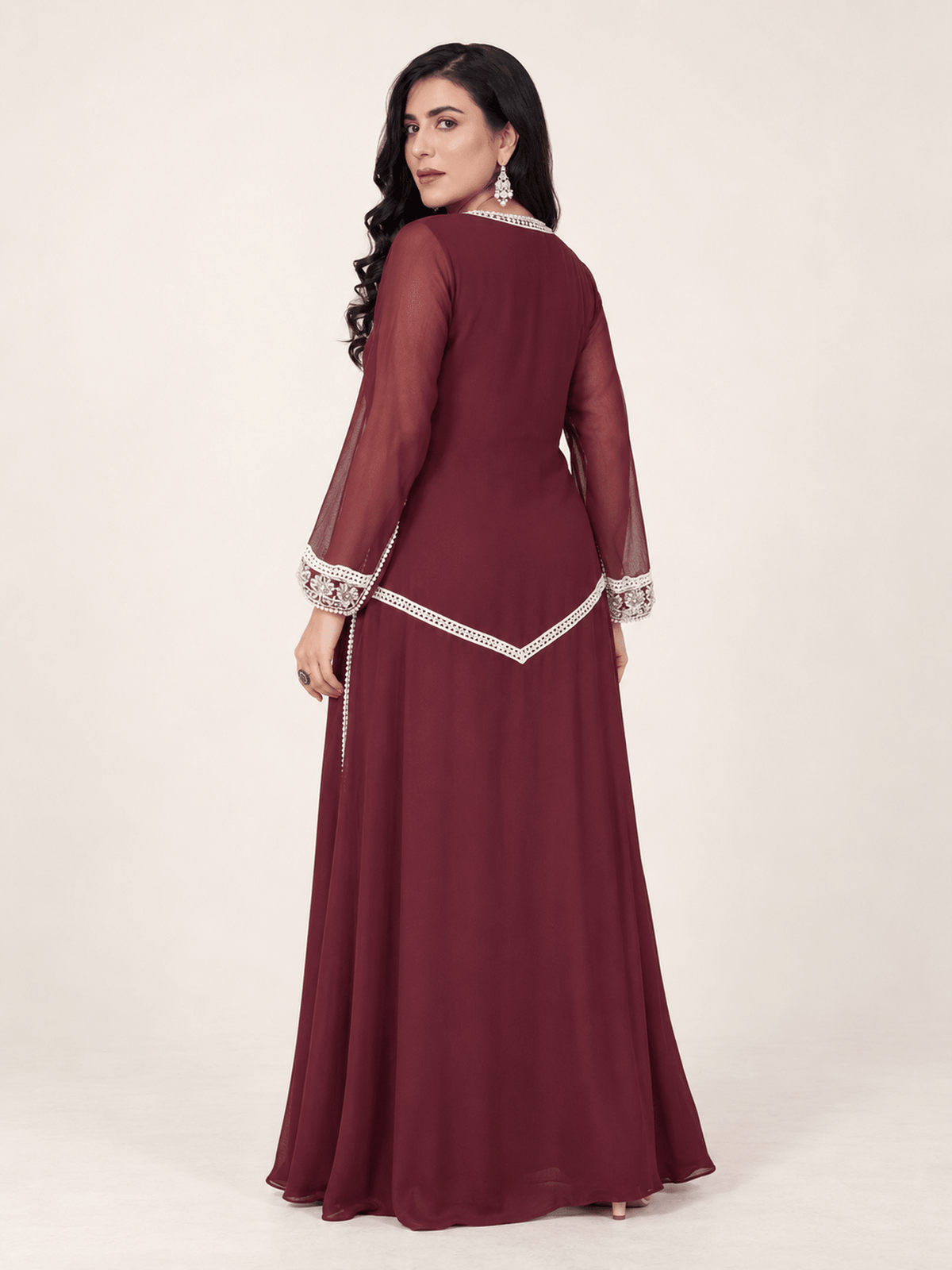 Burgundy Celeste Pearl & Crystal Chiffon Kaftan - Nawaem Altulle