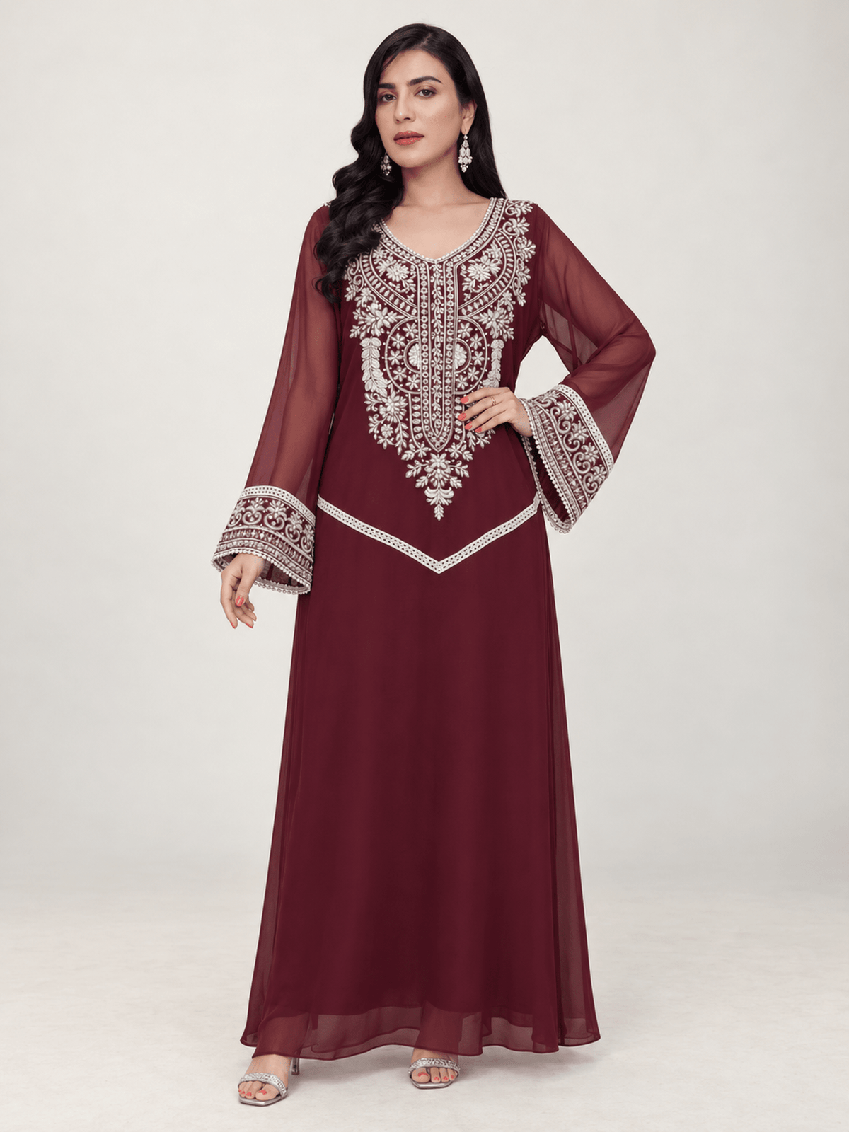 Burgundy Celeste Pearl & Crystal Chiffon Kaftan - Nawaem Altulle