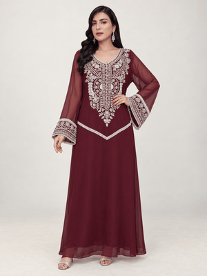 Burgundy Celeste Pearl & Crystal Chiffon Kaftan - Nawaem Altulle