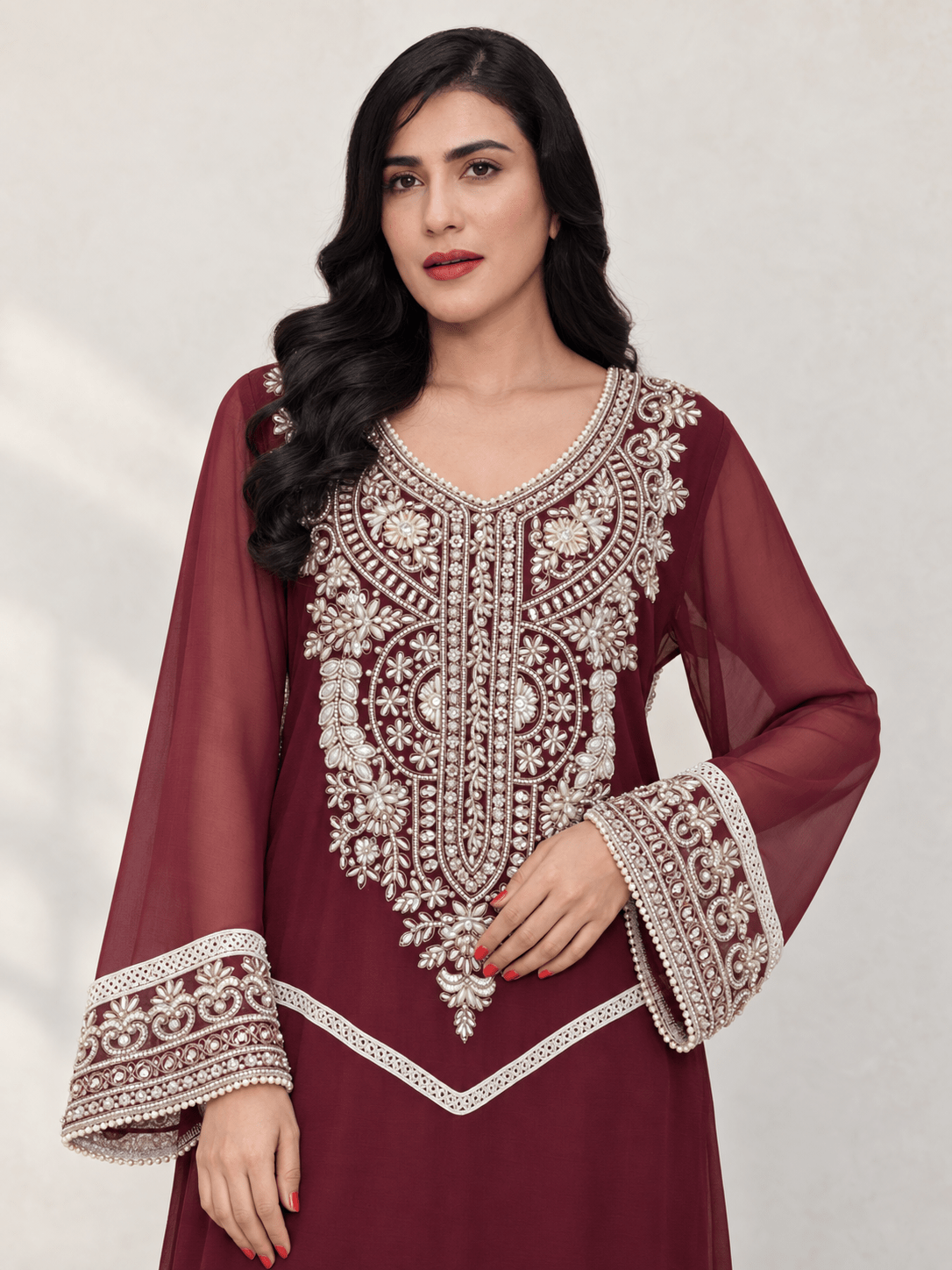 Burgundy Celeste Pearl & Crystal Chiffon Kaftan - Nawaem Altulle