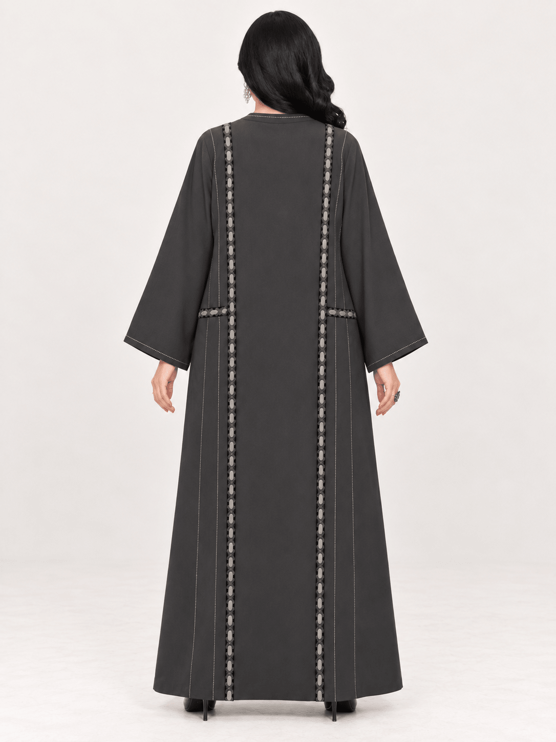 Charcoal Grey-Black Oval-Trim Embroidered Abaya - Nawaem Altulle