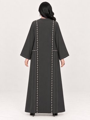 Charcoal Grey-Black Oval-Trim Embroidered Abaya - Nawaem Altulle