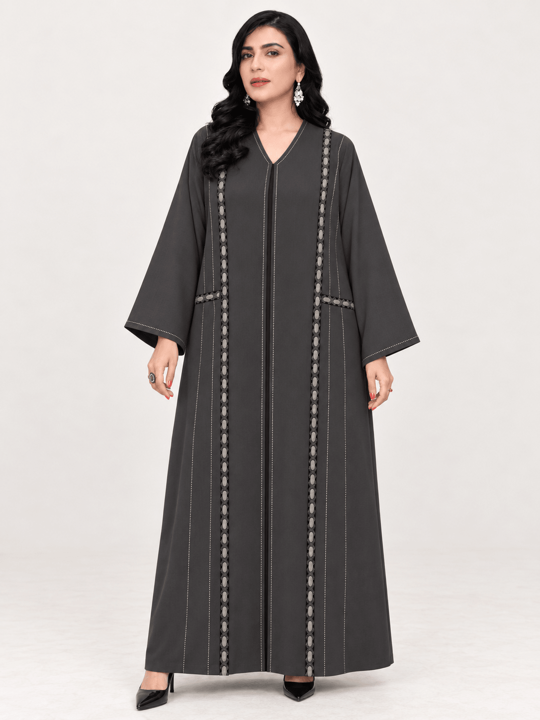 Charcoal Grey-Black Oval-Trim Embroidered Abaya - Nawaem Altulle