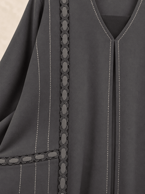 Charcoal Grey-Black Oval-Trim Embroidered Abaya - Nawaem Altulle