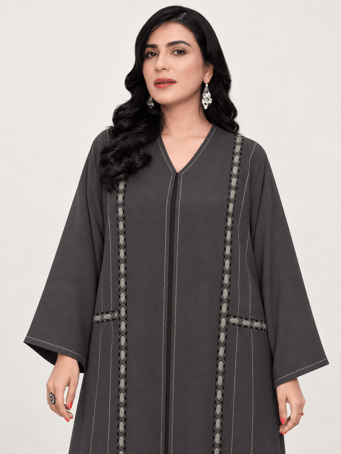 Charcoal Grey-Black Oval-Trim Embroidered Abaya - Nawaem Altulle