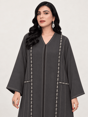 Charcoal Grey-Black Oval-Trim Embroidered Abaya - Nawaem Altulle