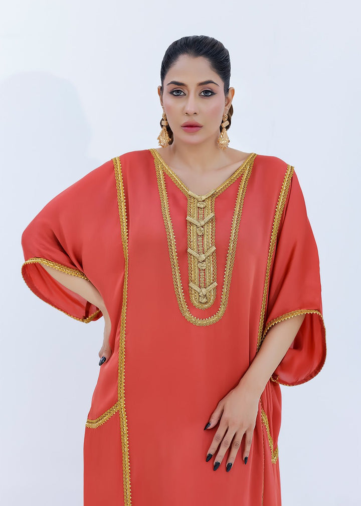 Coral Satin Silk Dress with Gold Laces Embellishments