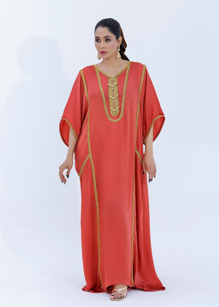 Coral Satin Silk Dress with Gold Laces Embellishments