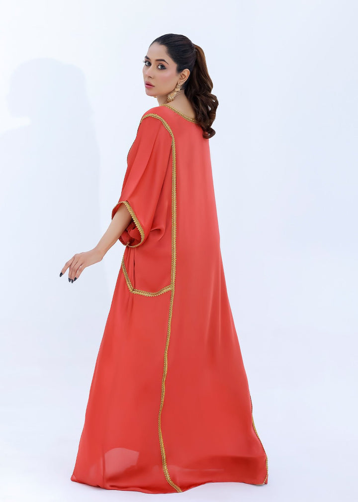Coral Satin Silk Dress with Gold Laces Embellishments