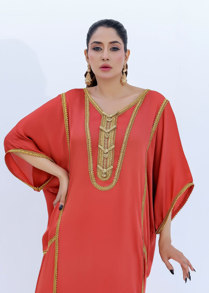 Coral Satin Silk Dress with Gold Laces Embellishments