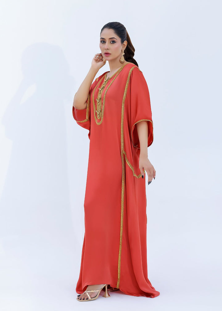 Coral Satin Silk Dress with Gold Laces Embellishments