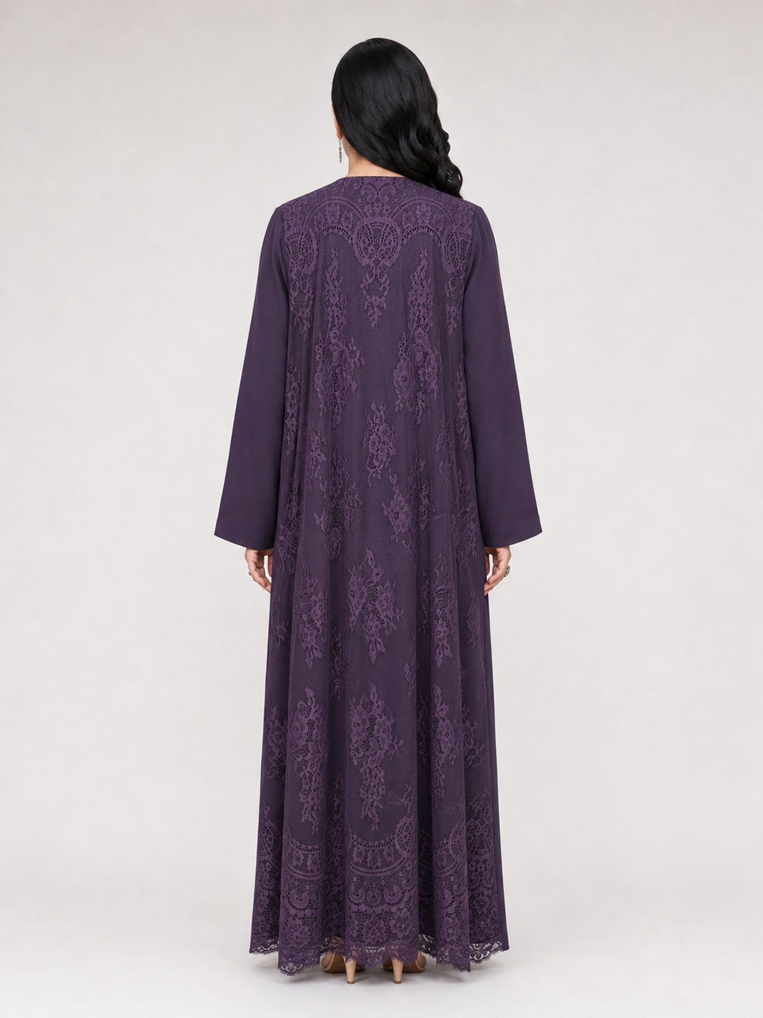 Deep Plum Nada Abaya with Dantel Back & Matching Sheila - Nawaem Altulle