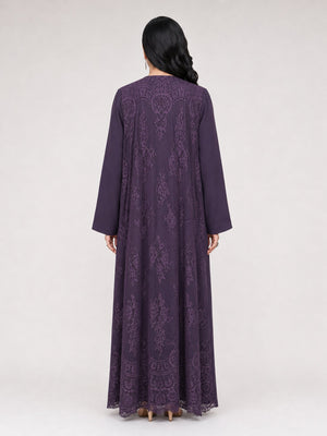 Deep Plum Nada Abaya with Dantel Back & Matching Sheila - Nawaem Altulle