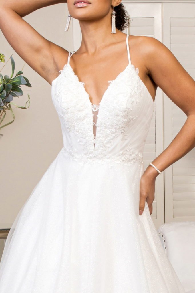Embroidered Bodice Sweethearted Glitter Mesh Wedding Gown w/ Spaghetti Strap - Nawaem Altulle