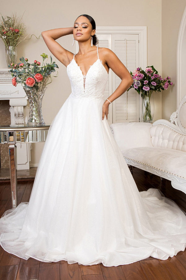 Embroidered Bodice Sweethearted Glitter Mesh Wedding Gown w/ Spaghetti Strap - Nawaem Altulle