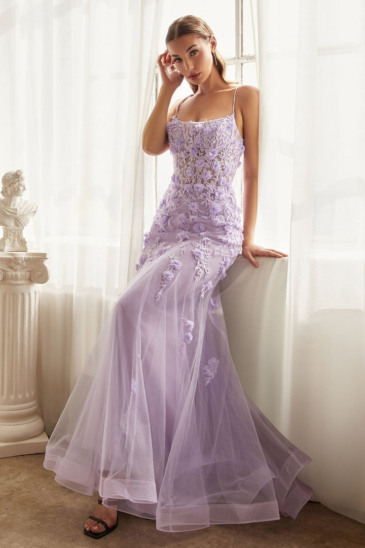Fitted Floral Applique Tulle Gown - Nawaem Altulle