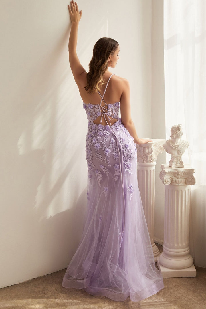 Fitted Floral Applique Tulle Gown - Nawaem Altulle