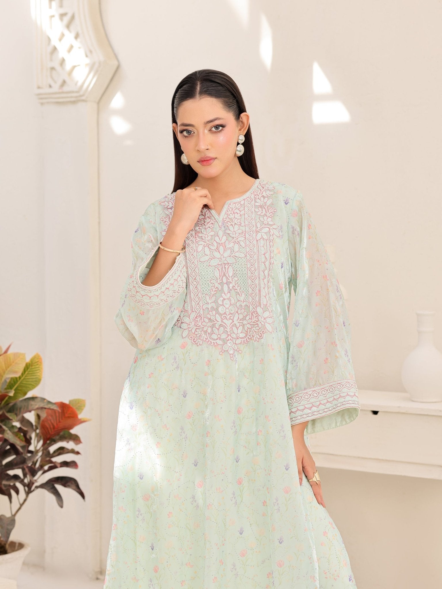 Ethereal Mist mint organza dress front view