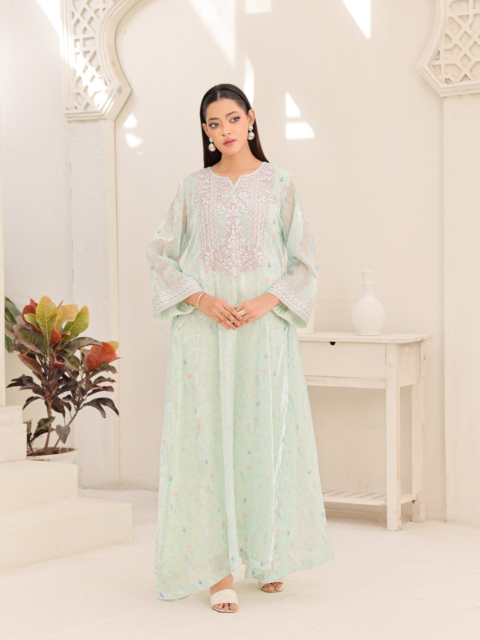 Ethereal Mist mint floral organza dress with pearl embroidery