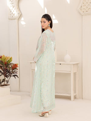 Pearl and silver sequin embroidery on Ethereal Mist bodice