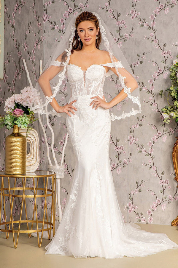 Glitter Off Shoulder Sheer Bodice Mesh Mermaid Wedding Gown - Nawaem Altulle