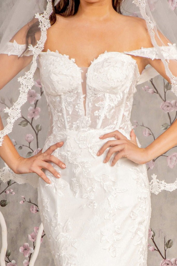 Glitter Off Shoulder Sheer Bodice Mesh Mermaid Wedding Gown - Nawaem Altulle