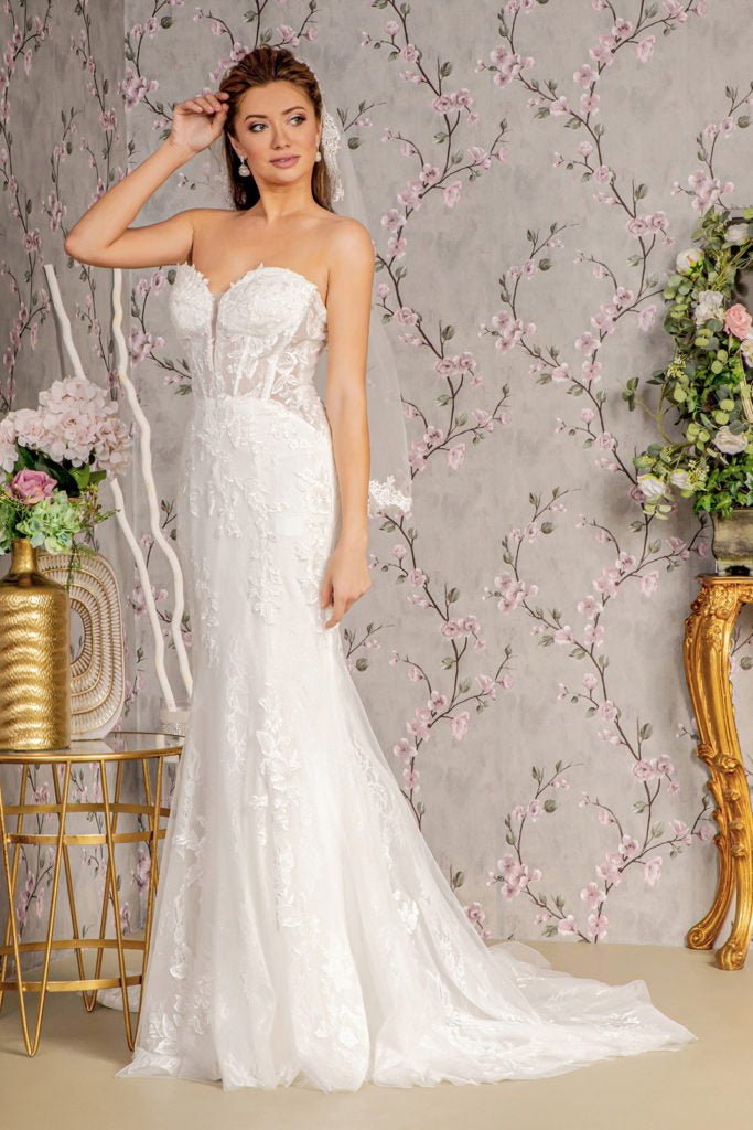 Glitter Off Shoulder Sheer Bodice Mesh Mermaid Wedding Gown - Nawaem Altulle