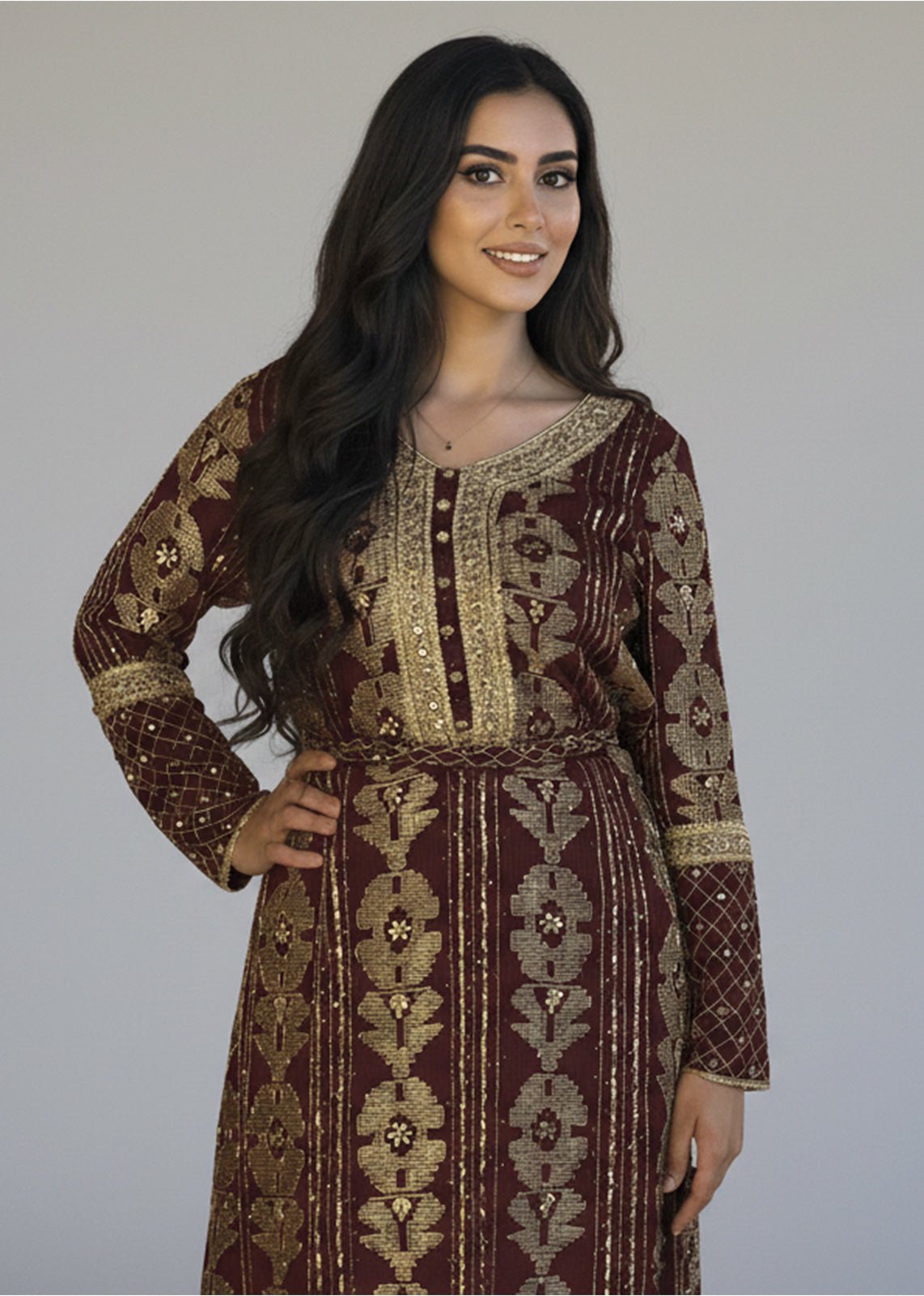 Gold & Maroon Hand Embellished Dress - Nawaem Altulle