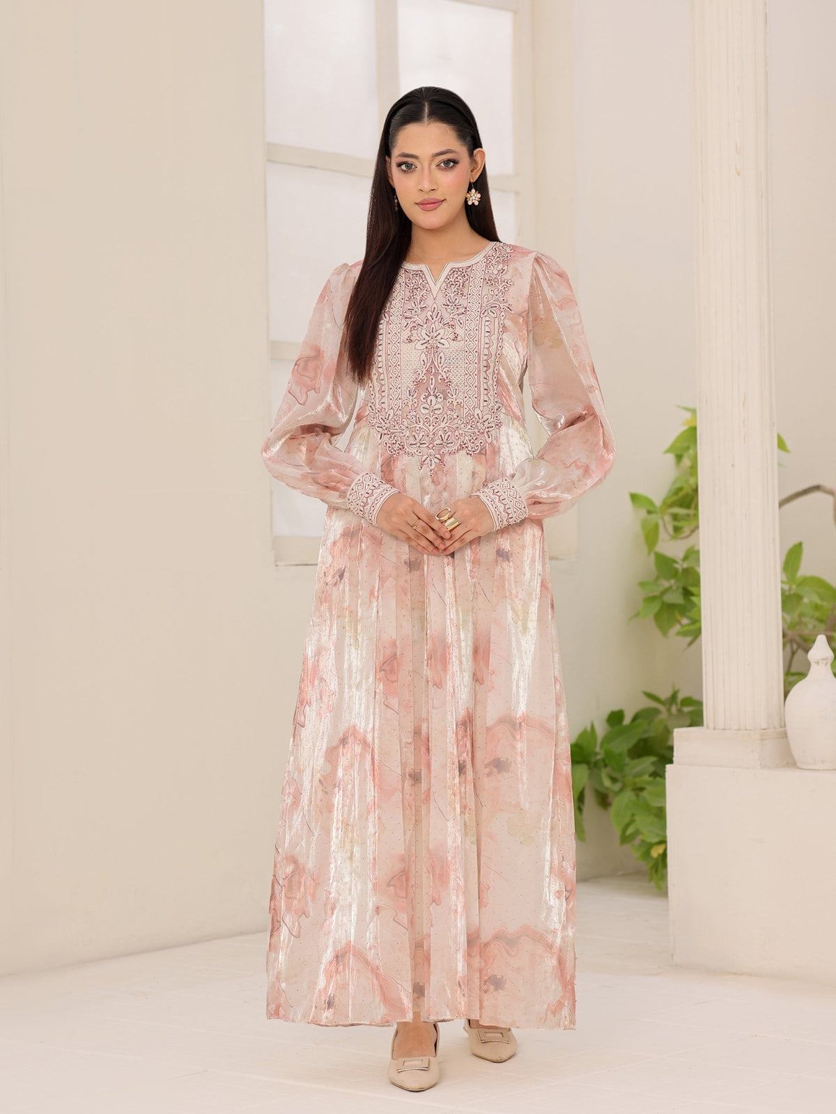 Rose Halo pink marble organza dress with pearl-embroidered bodice