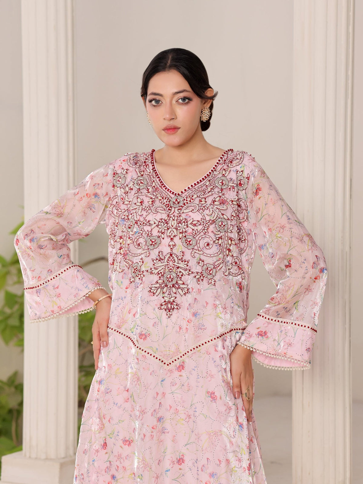 Rose Opaline pink floral organza dress with hand-embroidered bodice