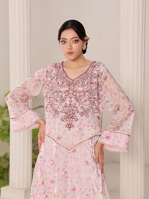 Rose Opaline pink floral organza dress with hand-embroidered bodice