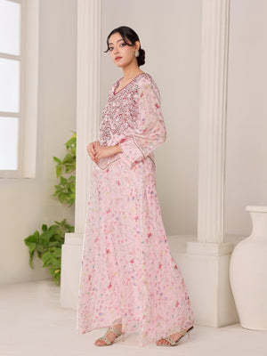 Rose Opaline pink floral organza dress with hand-embroidered bodice