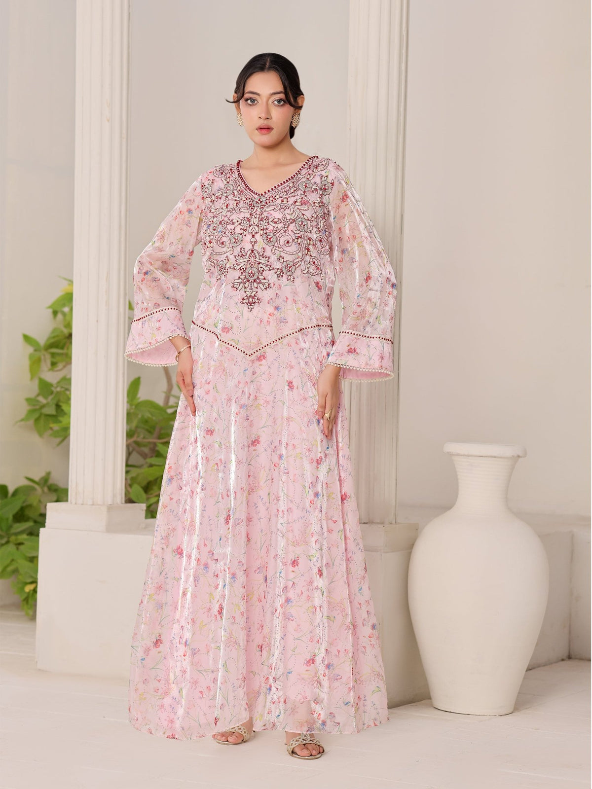 Rose Opaline pink floral organza dress with hand-embroidered bodice