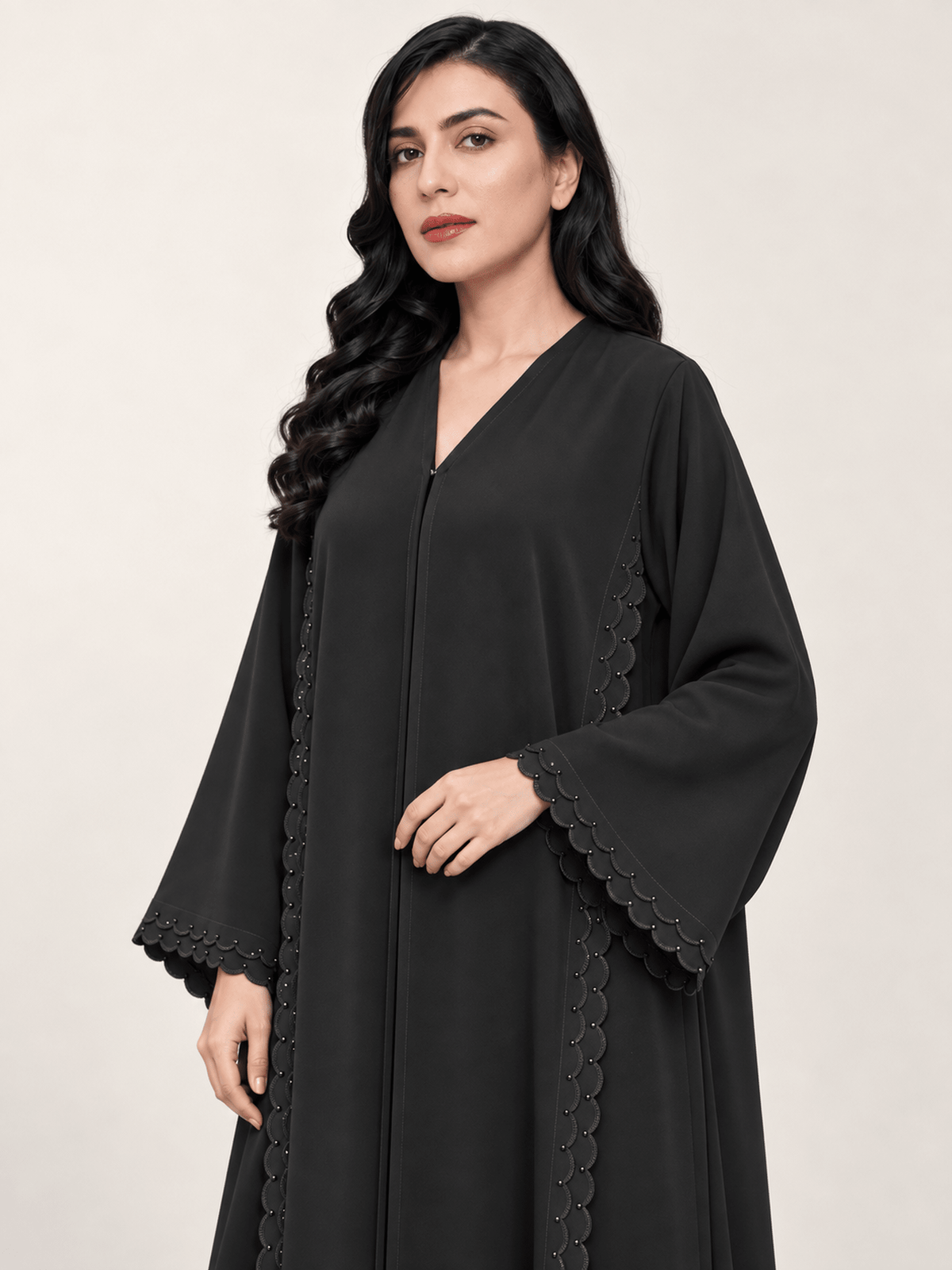 Jet Black Nida Abaya with Scalloped Crystal Embroidery - Nawaem Altulle