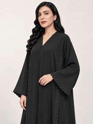 Jet Black Nida Abaya with Scalloped Crystal Embroidery - Nawaem Altulle