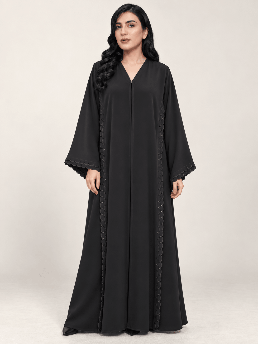 Jet Black Nida Abaya with Scalloped Crystal Embroidery - Nawaem Altulle